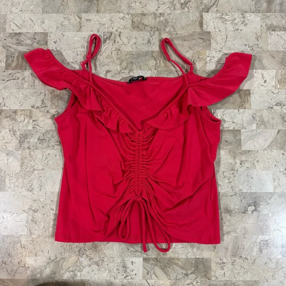Guess Hot Pink Ruffle Cold-Shoulder Drawstring Tank - Picture 2 of 4